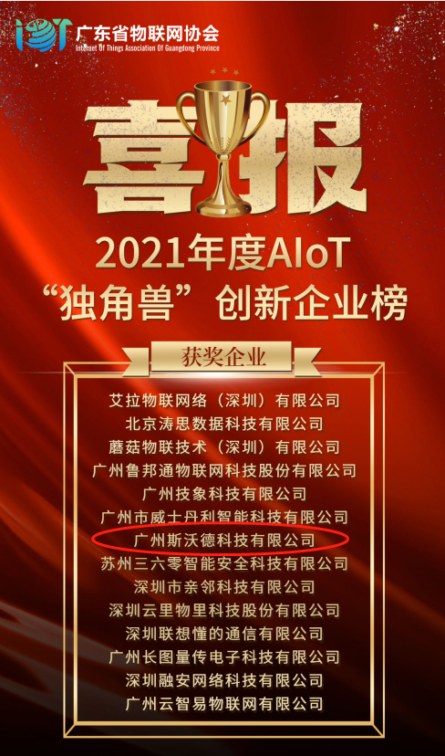 再摘殊榮！斯沃德科技獲“2021 AIoT獨(dú)角獸創(chuàng)新企業(yè)獎(jiǎng)”